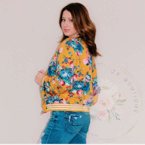Last One! Mustard Floral Bomber Jacket - Picture 3 of 8